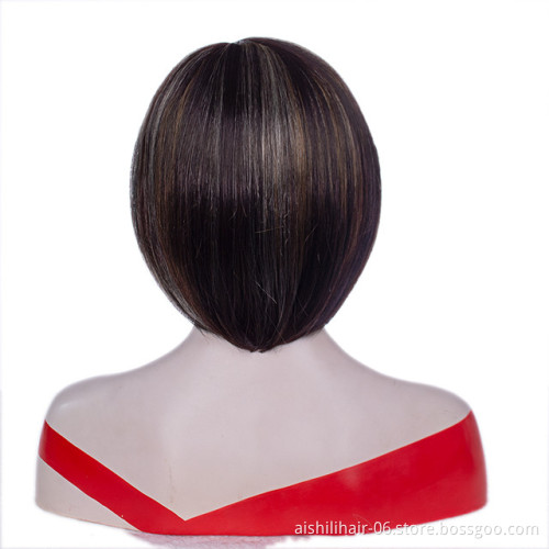 Wholesale stort brown mix blonde bob wig with natural bangs synthetic hair wigs for women